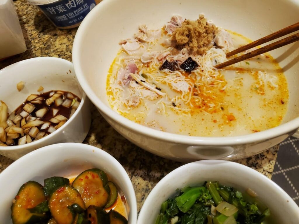 Big bowl of noodle soup + add-ins 75g protein 700cals