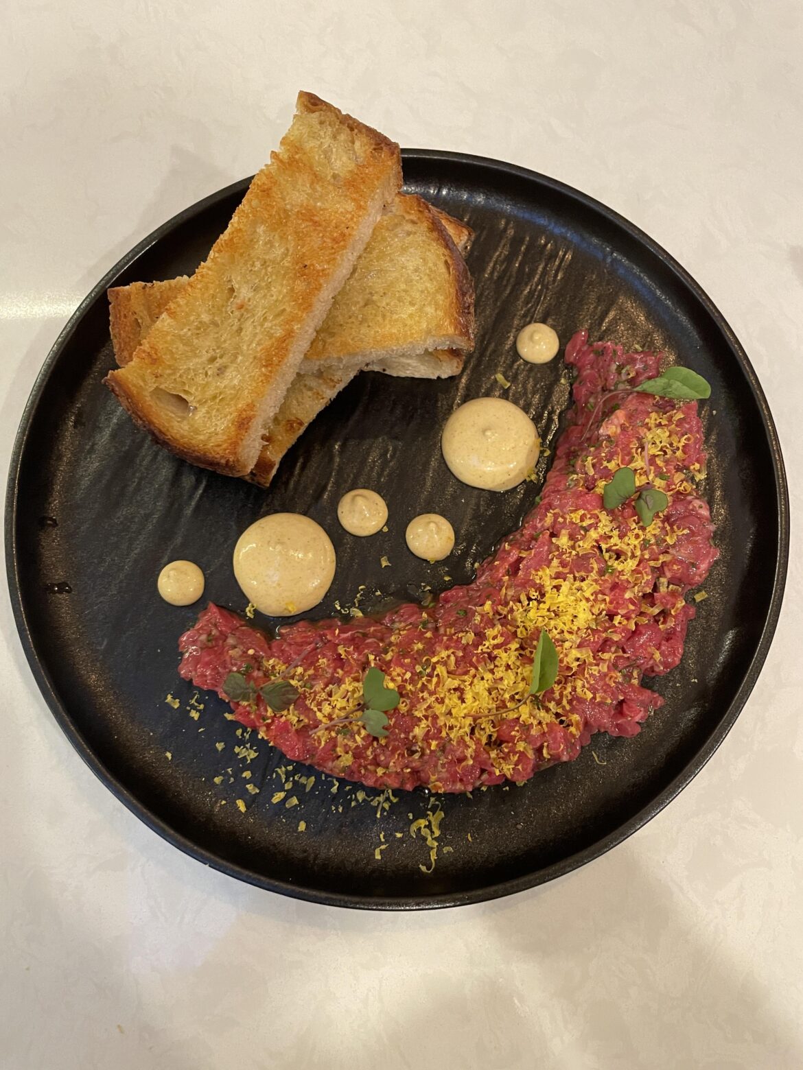 Beef Tartare, Smoked Mussel Aioli, Smoked Cured Egg Yolk, Grilled Bread