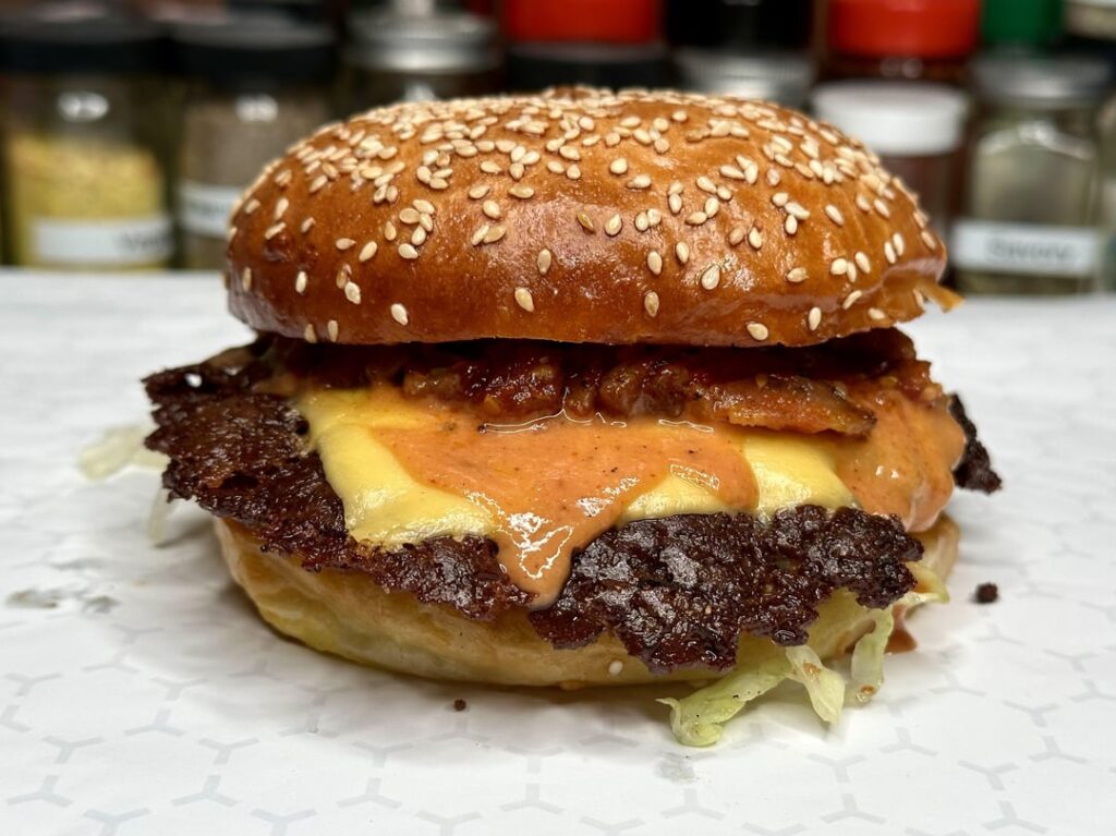 Homemade smash burger with bacon tomato jam