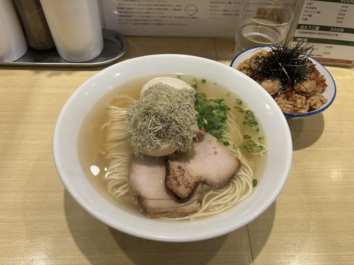 Hakodate Style Shio Ramen with Gagome Kombu Topping and Scallop Rice in Tokyo