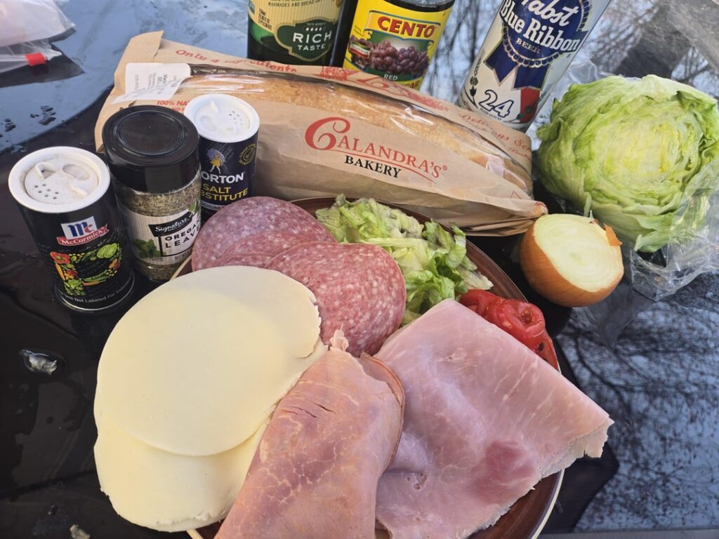 My lunch today-salami, provolone, sweet gabagool and boiled ham w veggies and an ice cold PBR-mangia!!