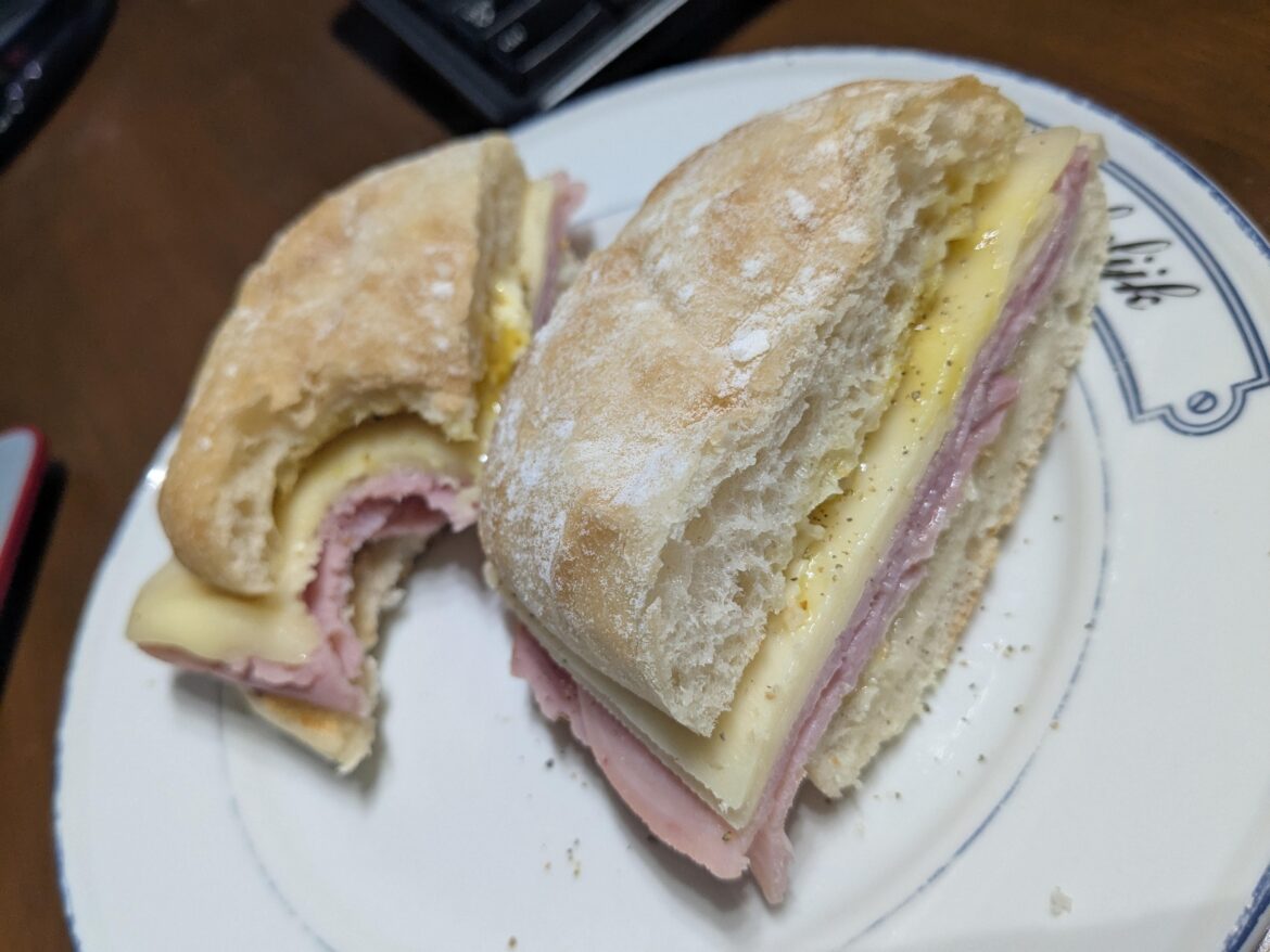 Just a toasted ciabotta bread with jamón York, gouda and honey mustard, no big deal