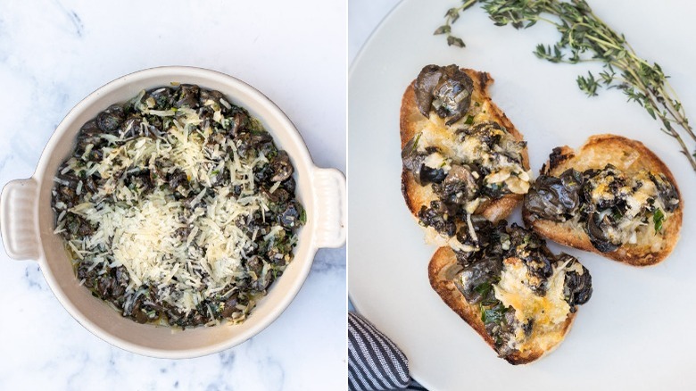 homemade baked escargot snails in skillet with baguette toasts and herbs on plate