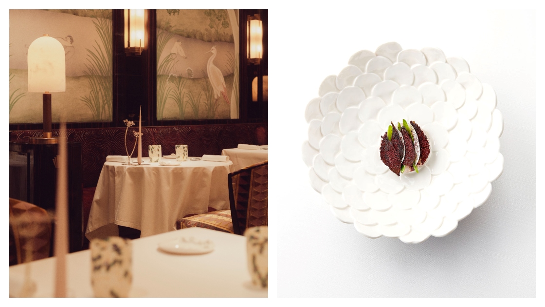 The dining room and a dish at Ombellule restaurant in Lyon, France. ©Ombellule