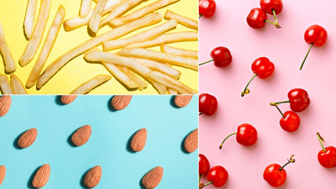 french fries, almonds, tart cherries