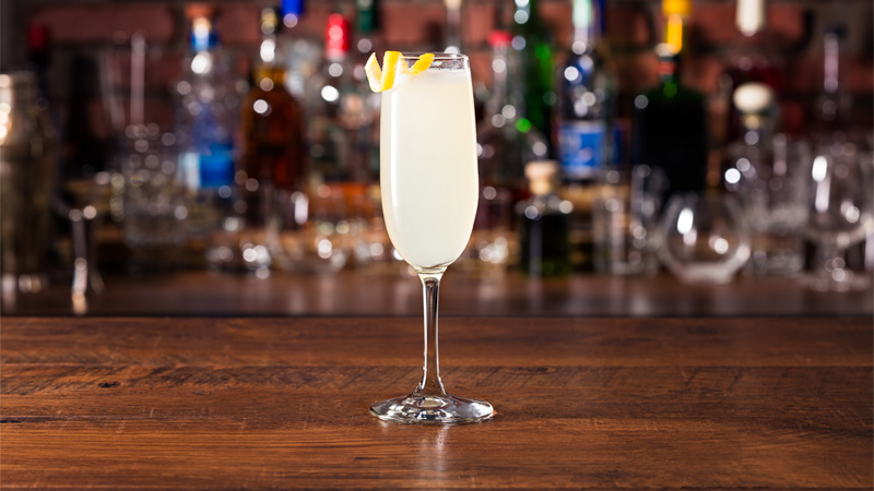 The French 75 features gin, champagne, lemon juice, and sugar