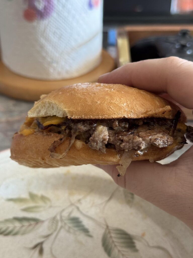 Simple but amazing. Triple smashburger, smashed with onions.