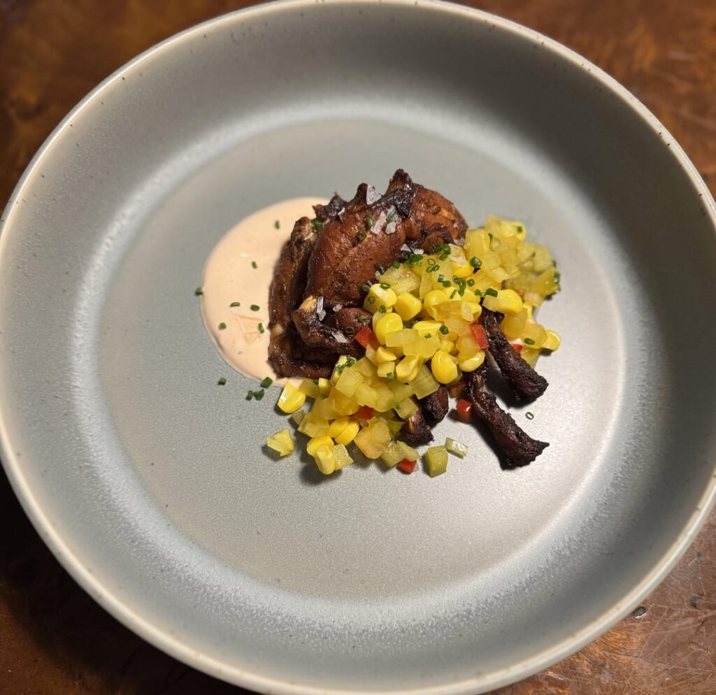 smoked frog legs, chow chow, hot sauce crema