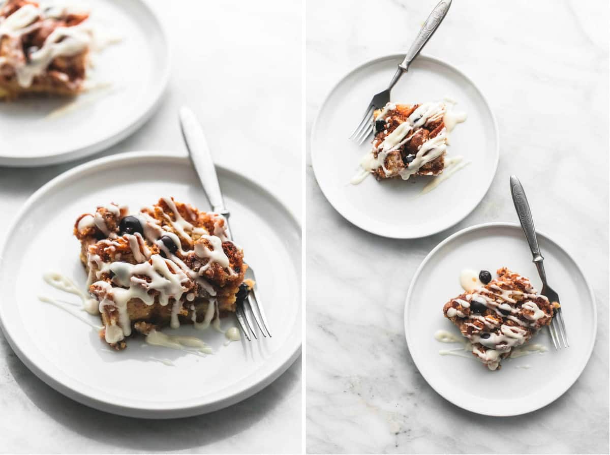 side by side images of pieces of blueberry donut French toast bake with forks on plates.