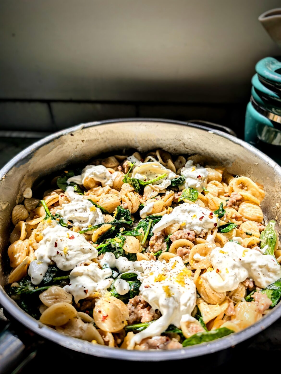 Orecchiette, spinach, burrata, garlic sausage, Pecorino