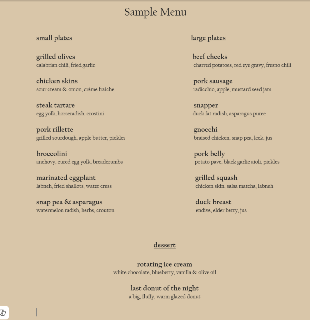 The first menu draft for my new spot. What do y'all think?