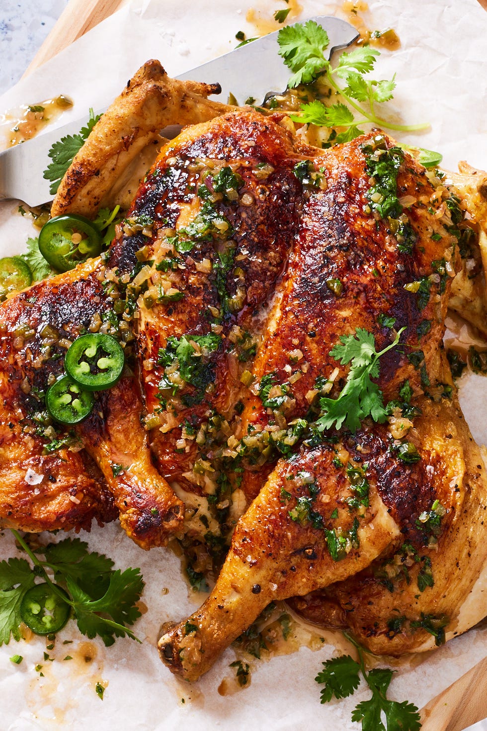 brick chicken with a spicy herb pan sauce