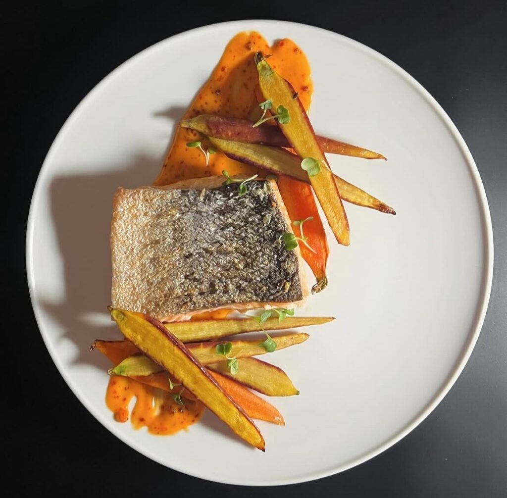 salmon, roasted rainbow carrots, creamy mala sauce, microgreens..