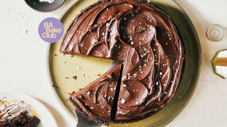 A chocolate cake made with olive oil and topped with flakey sea salt.