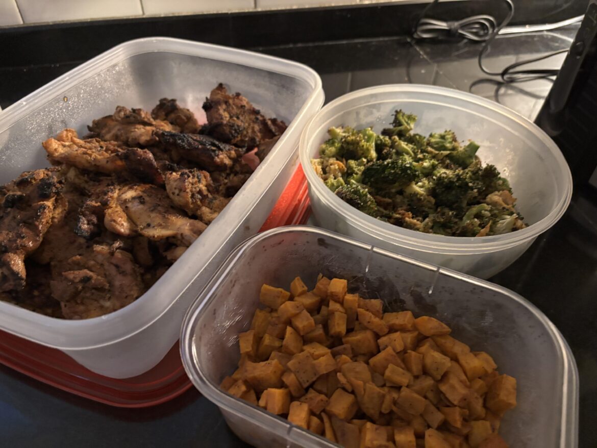 Grilled chicken thighs, Parmesan broccoli, baked sweet potatoes