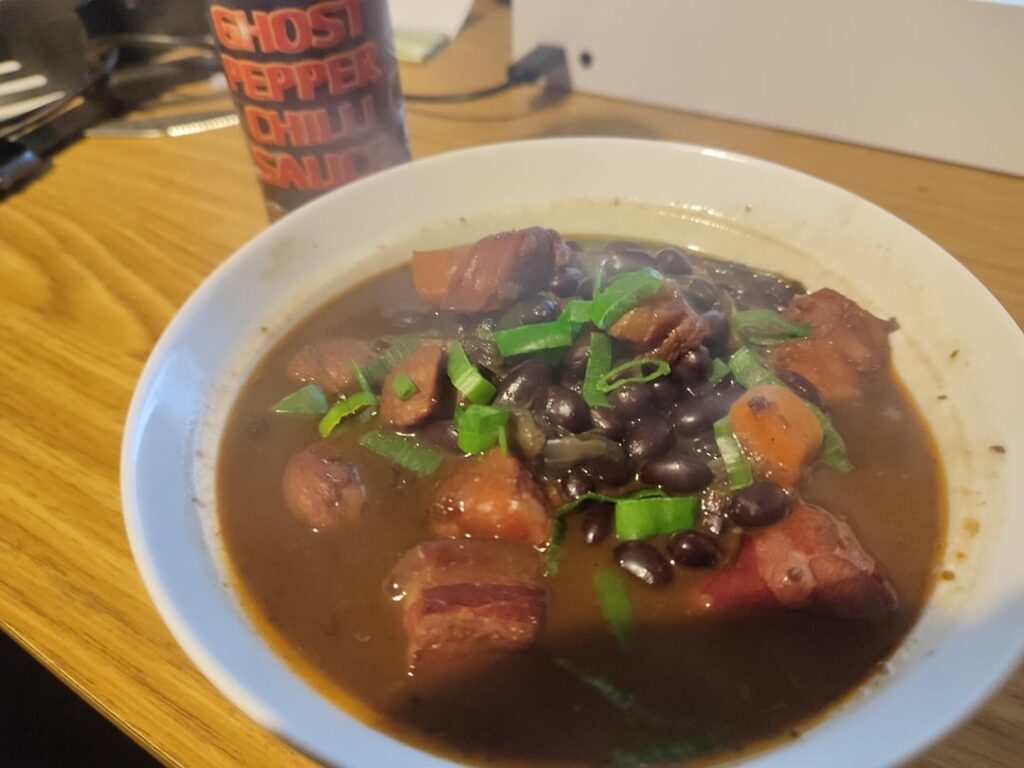 Black bean stew with some bits I found in lidl. Smoked pork belly and chorizo. Also a bit of standard pork belly I had in the freezer.