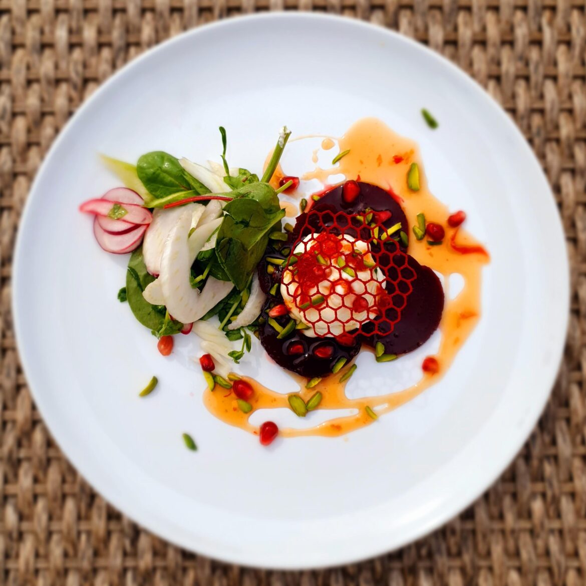 Beetroot and goat's cheese with hot honey.