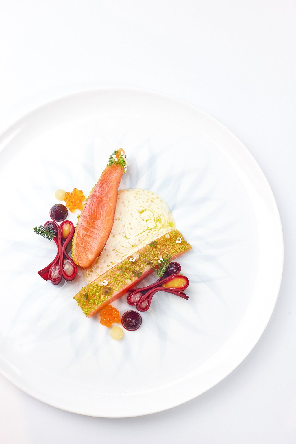 Nishimera trout marinated with licorice and yuzu lactic vinaigrette with kombucha and smoked pine oil. Photo: Cristal Room by Anne-Sophie Pic Nishimera trout marinated with licorice and yuzu lactic vinaigrette with kombucha and smoked pine oil. Photo: Cristal Room by Anne-Sophie Pic