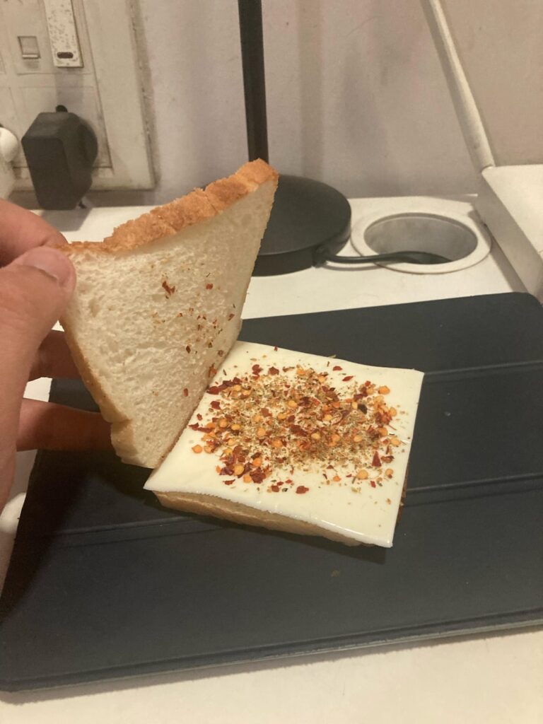 Stale bread, rock hard cheese slice, chili flakes and oregano. iPad for plate.