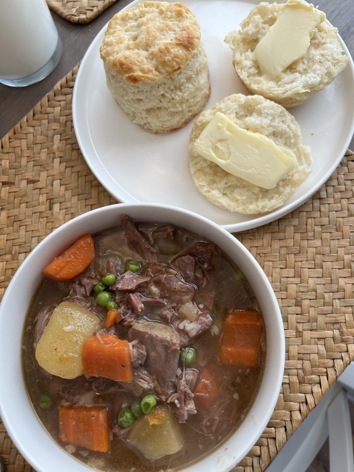 Tuesday Leftovers. Turned the lamb roast into a lamb stew in the slow cooker. With fresh biscuits.