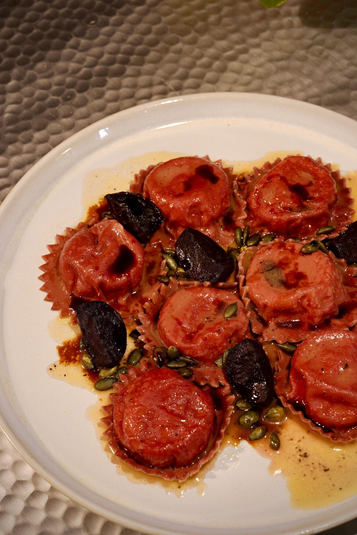 Beetroot ravioli with ricotta filling, roasted beetroot and pumpkin seeds Beetroot ravioli with ricotta filling, roasted beetroot and pumpkin seeds
