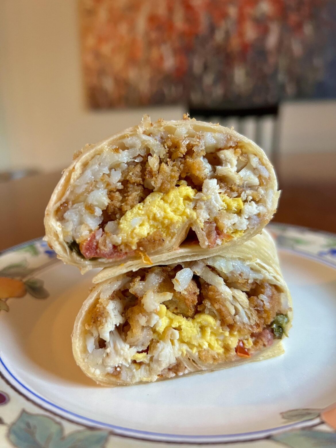 Fried chicken breakfast burrito