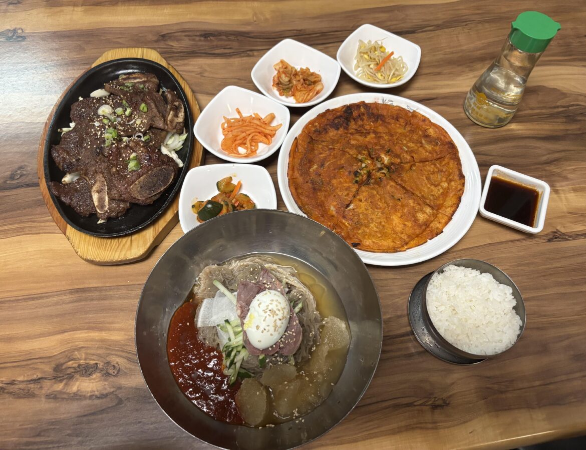 Today’s lunch: Bibim naengmyeon, galbi, and kimchi-jeon.