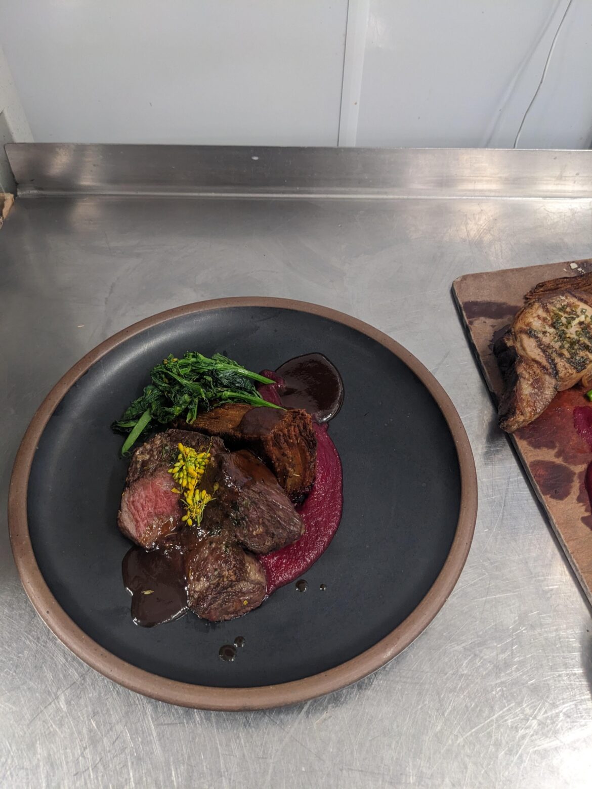 Ribeye, Agave Beet puree, Foraged Rapini, Pommes Anna, House steak sauce