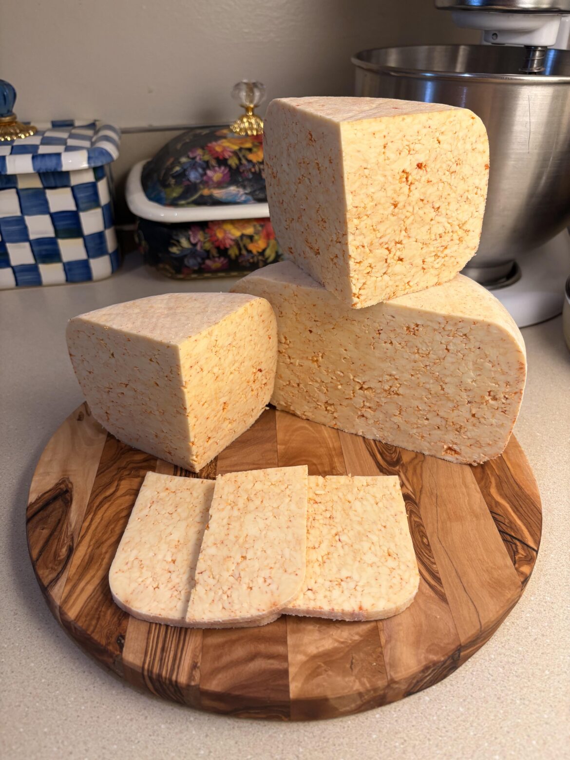 Homemade Thai pepper infused Honey and gochujang gouda, freshly opened. The bean past in the gochujang is a new texture for me in a cheese. Not bad! Overall it’s hot and tasty. Honey flavor is subtle, but there. Heat is certainly there. Homemade Thai pepper infused Honey and gochujang gouda, freshly opened. The bean past in the gochujang is a new texture for me in a cheese. Not bad! Overall it’s hot and tasty. Honey flavor is subtle, but there. Heat is certainly there.