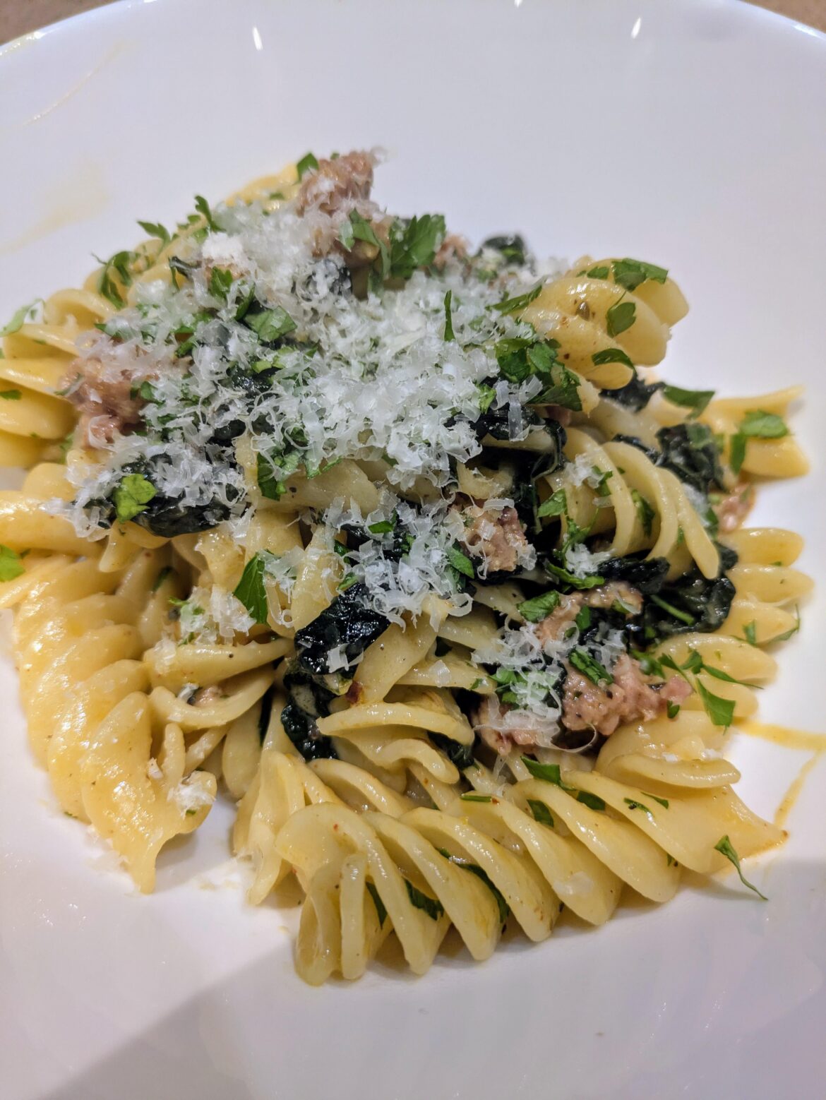 Lidl Italian week special. Fennel sausage and kale with giant rigatoni.