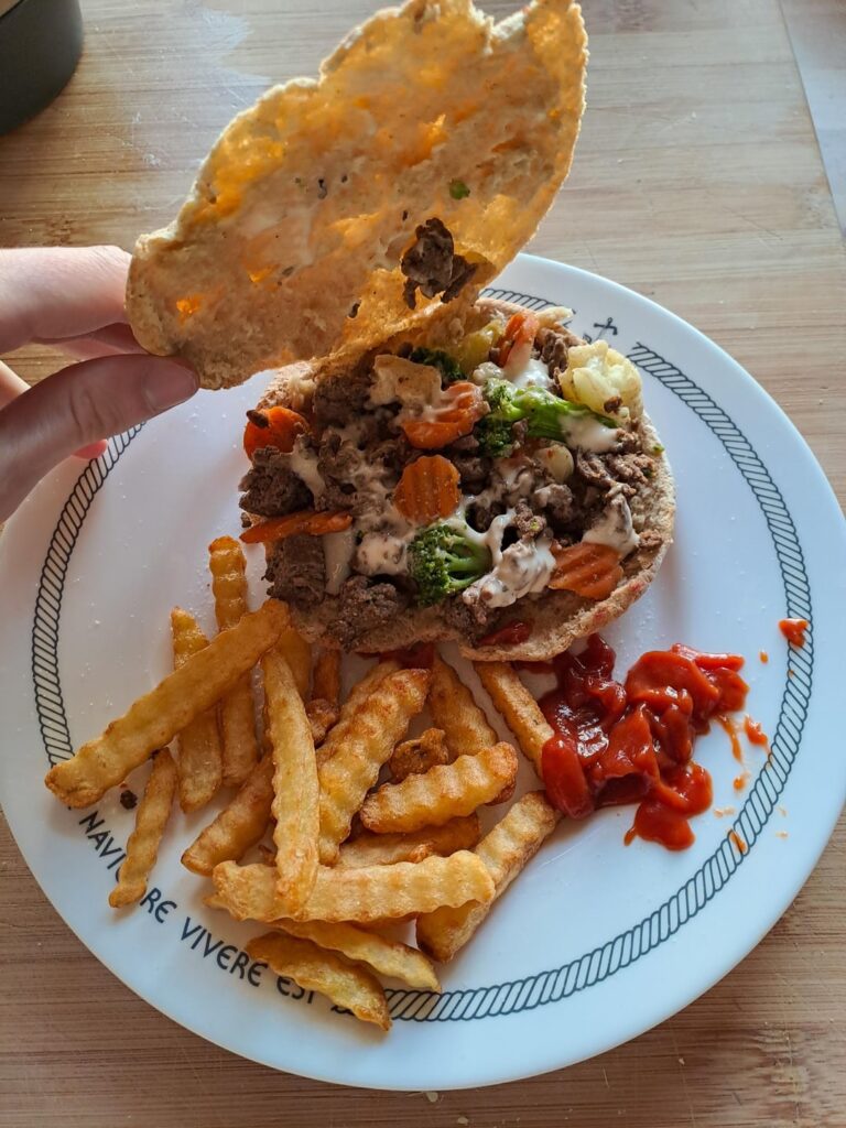 Your estimate for this pita with ground beef + vegetables, and air fried fries?