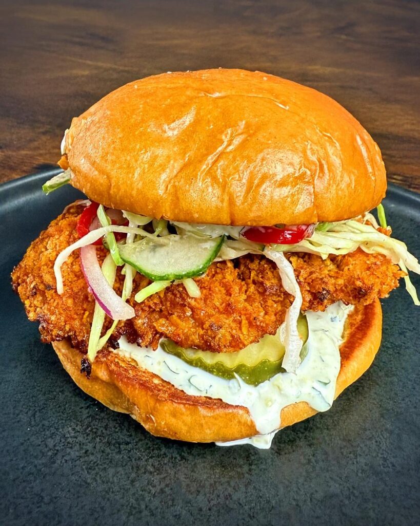 Oven "Fried" Spicy Chicken Sandwich with Tangy Slaw and Pepperoncini Ranch