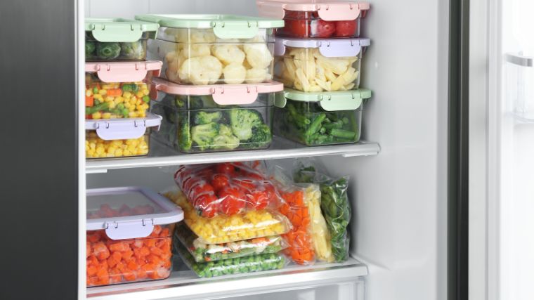 Frozen fruits and vegetables in the freezer