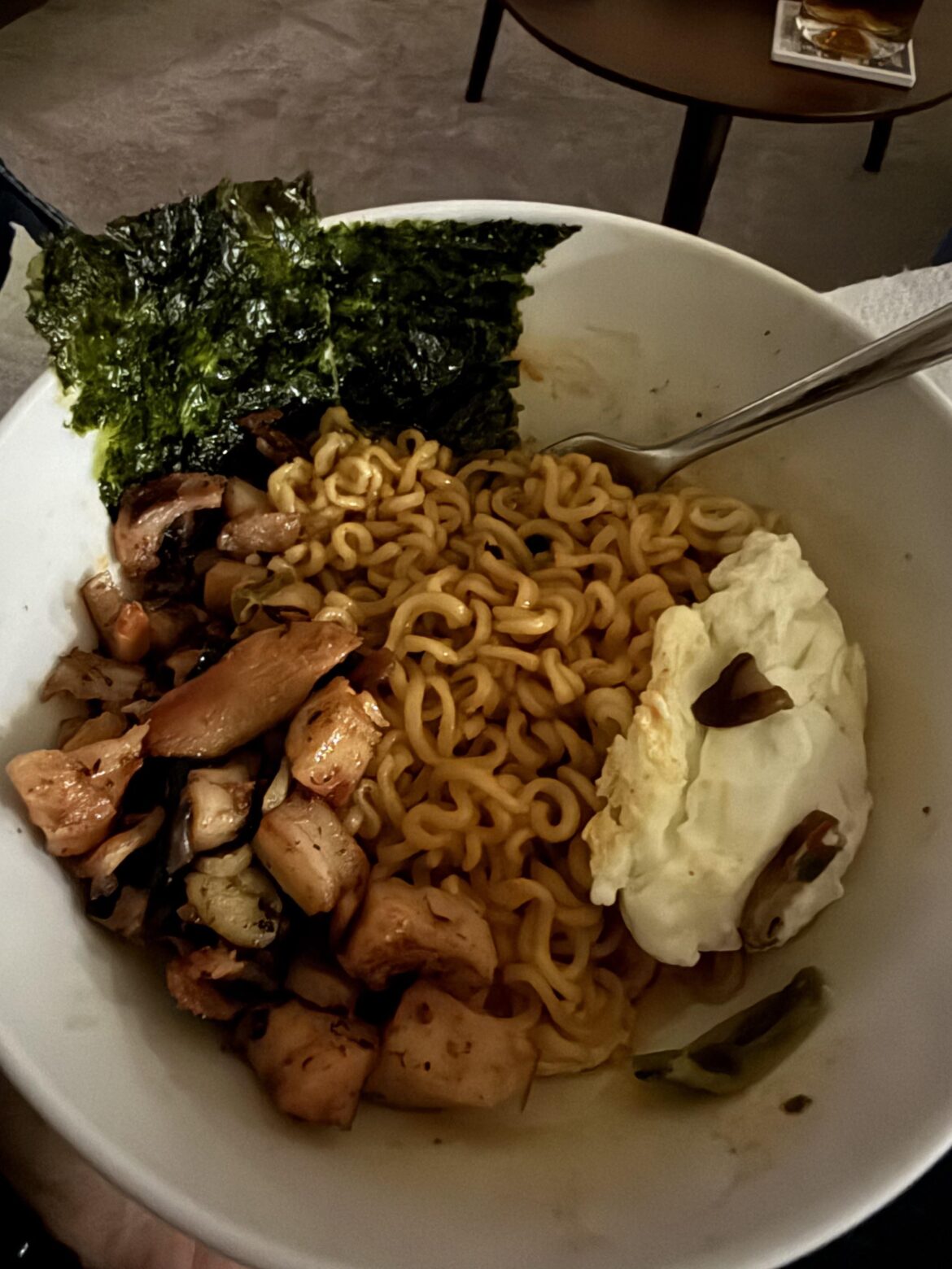 Trader Joe’s canned calamari, Shin Black ramen, seaweed, and egg 🤤