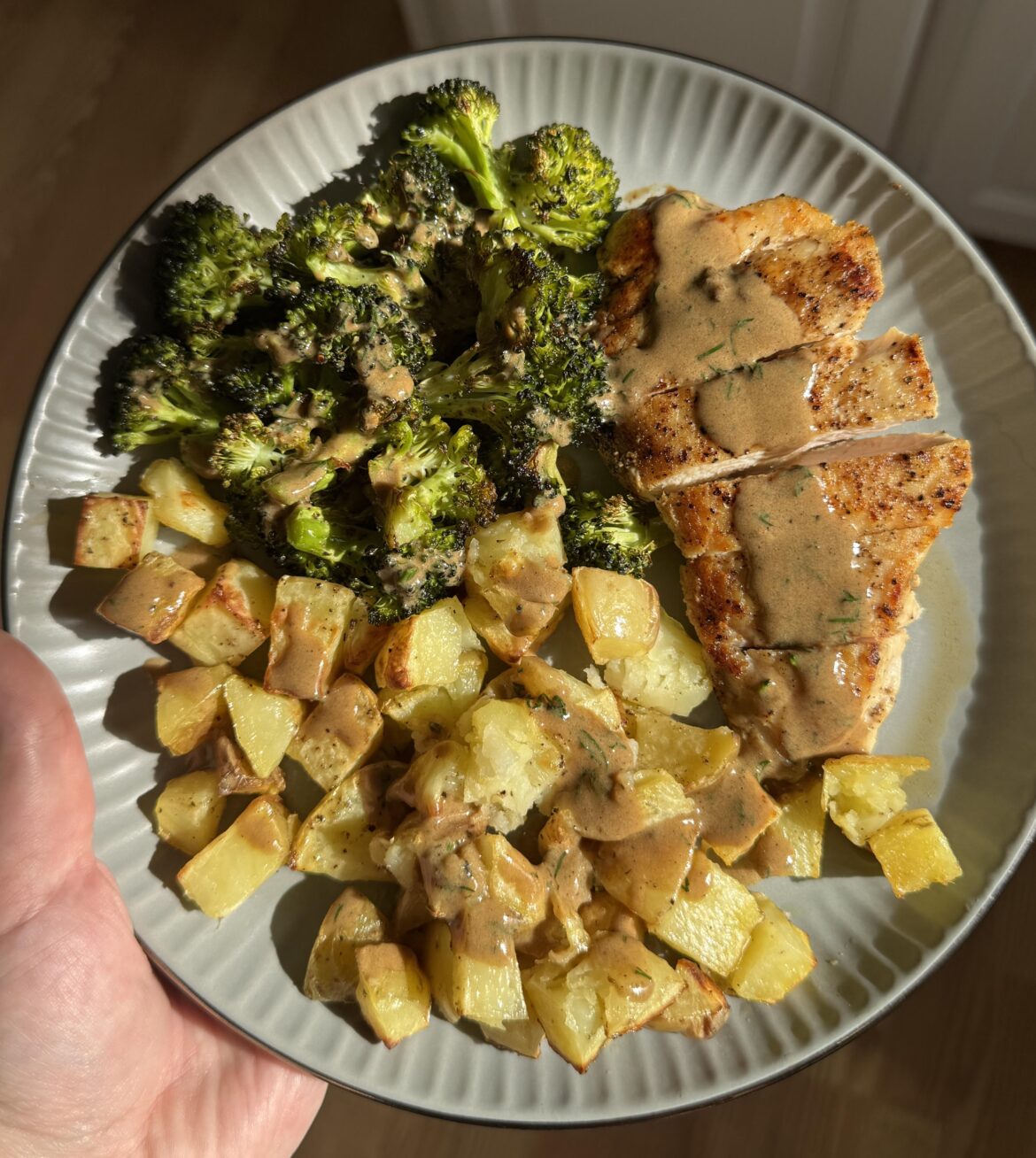 Creamy Dijon Dill Chicken with Roasted Potatoes and Broccoli is a favorite
