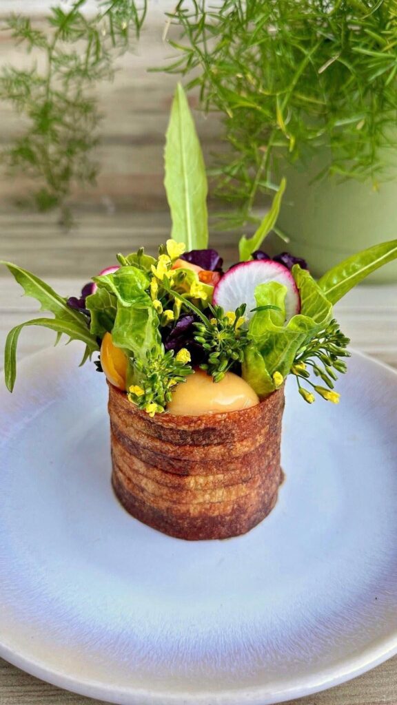 Potato basket, artisan lettuce, egg yolk (V), etc.