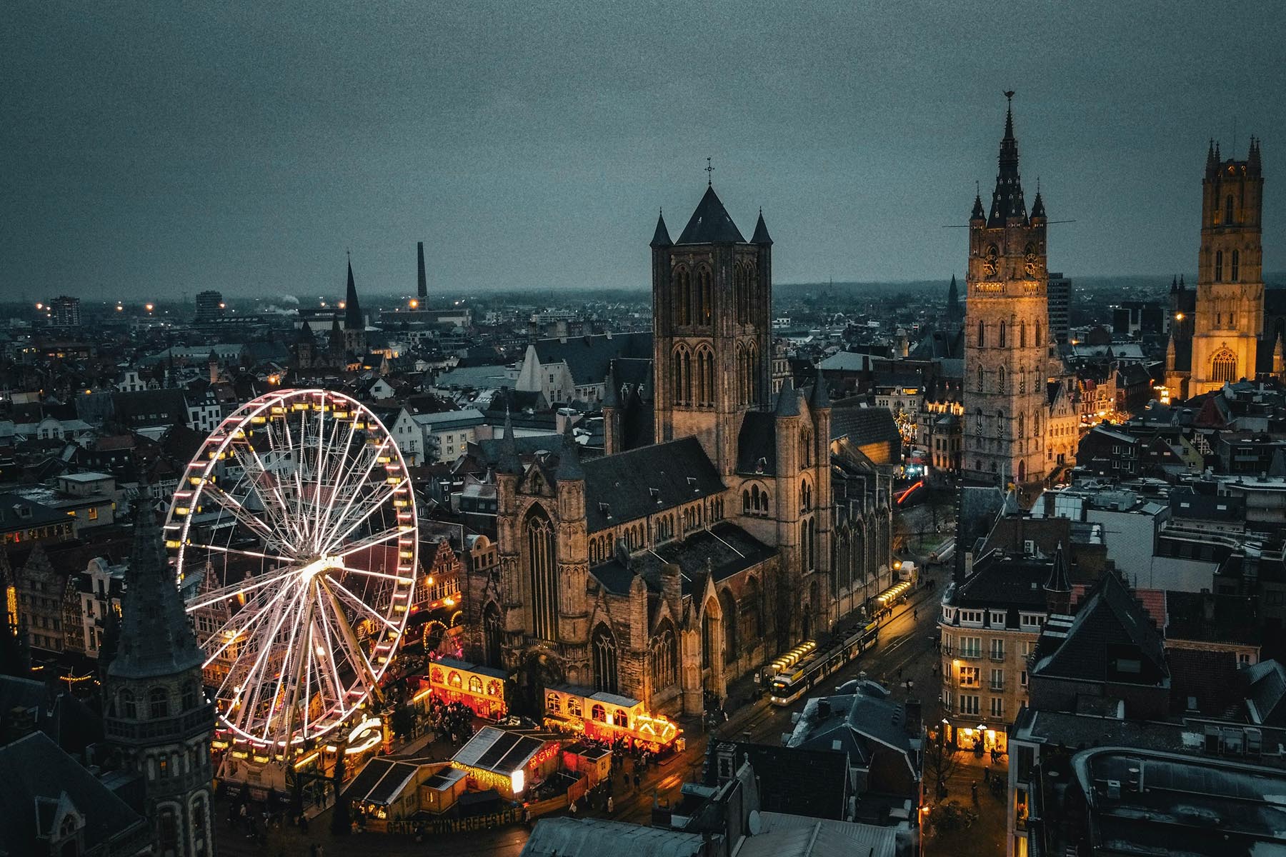 Aerial view of Ghent at night.