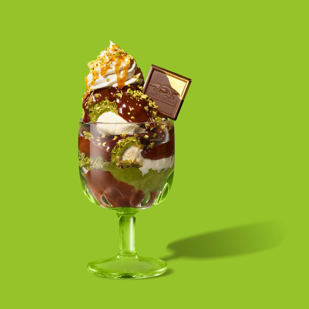 A glass of Ghirardelli's Dubai Chocolate Sundae being served in NYC