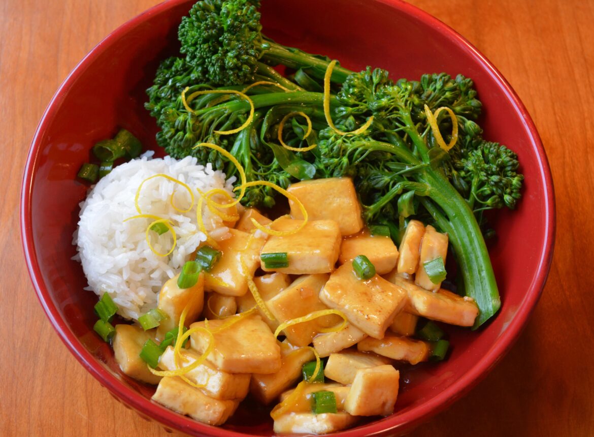 361 cal, 34 P. Sticky lemon tofu, broccolini, and rice