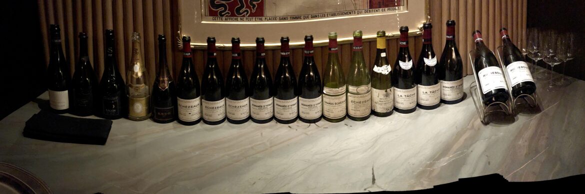 Epic dinner with 14 different DRC, some champagne and Ramonet