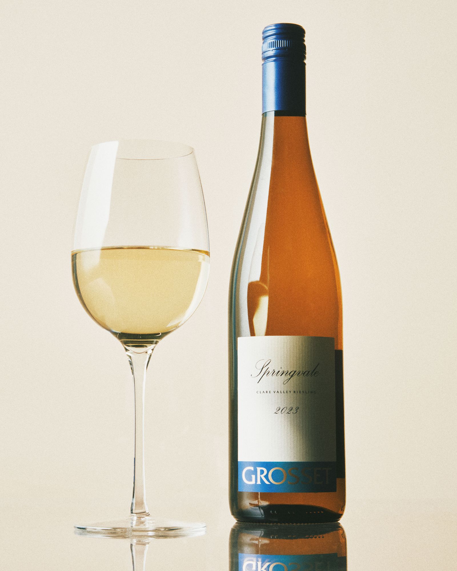 A glass and bottle of Grosset Springvale white wine.