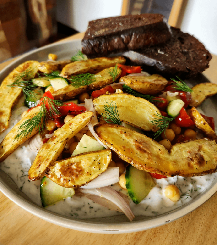 Roasted potato tzatziki bowl with vinegar toast