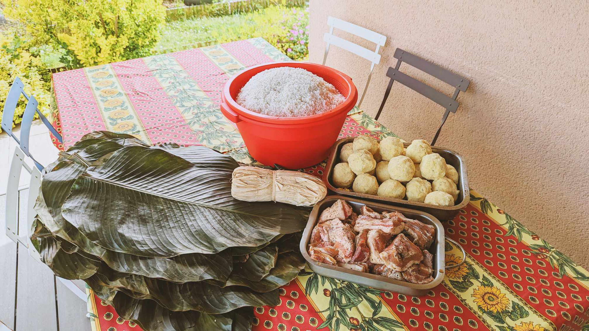 Do Thuy Linh prepares ingredients to make ‘bánh chưng’ (square sticky rice cakes filled with mung beans and pork) in France. Photo: Supplied
