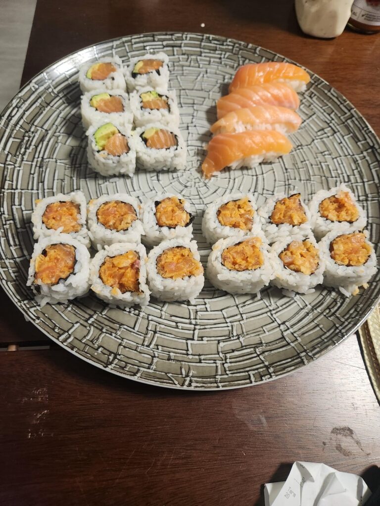 Beers and salmon sushi with the wife