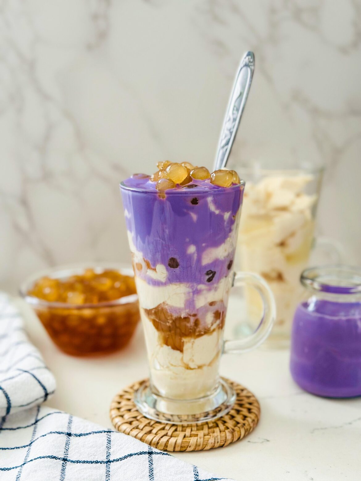 Taho with ube cream (silken tofu dessert)