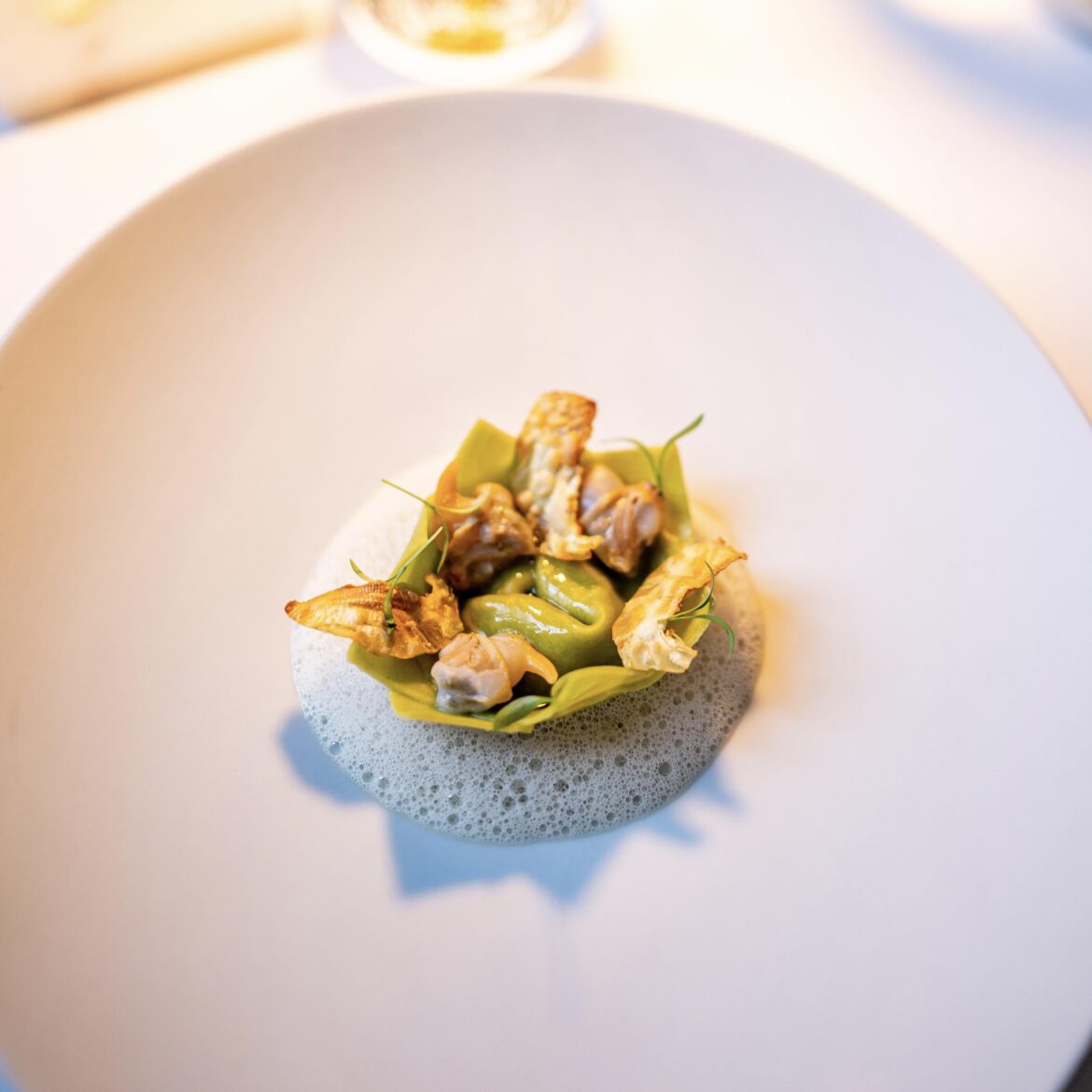 Artichoke raviole, clams, coriander