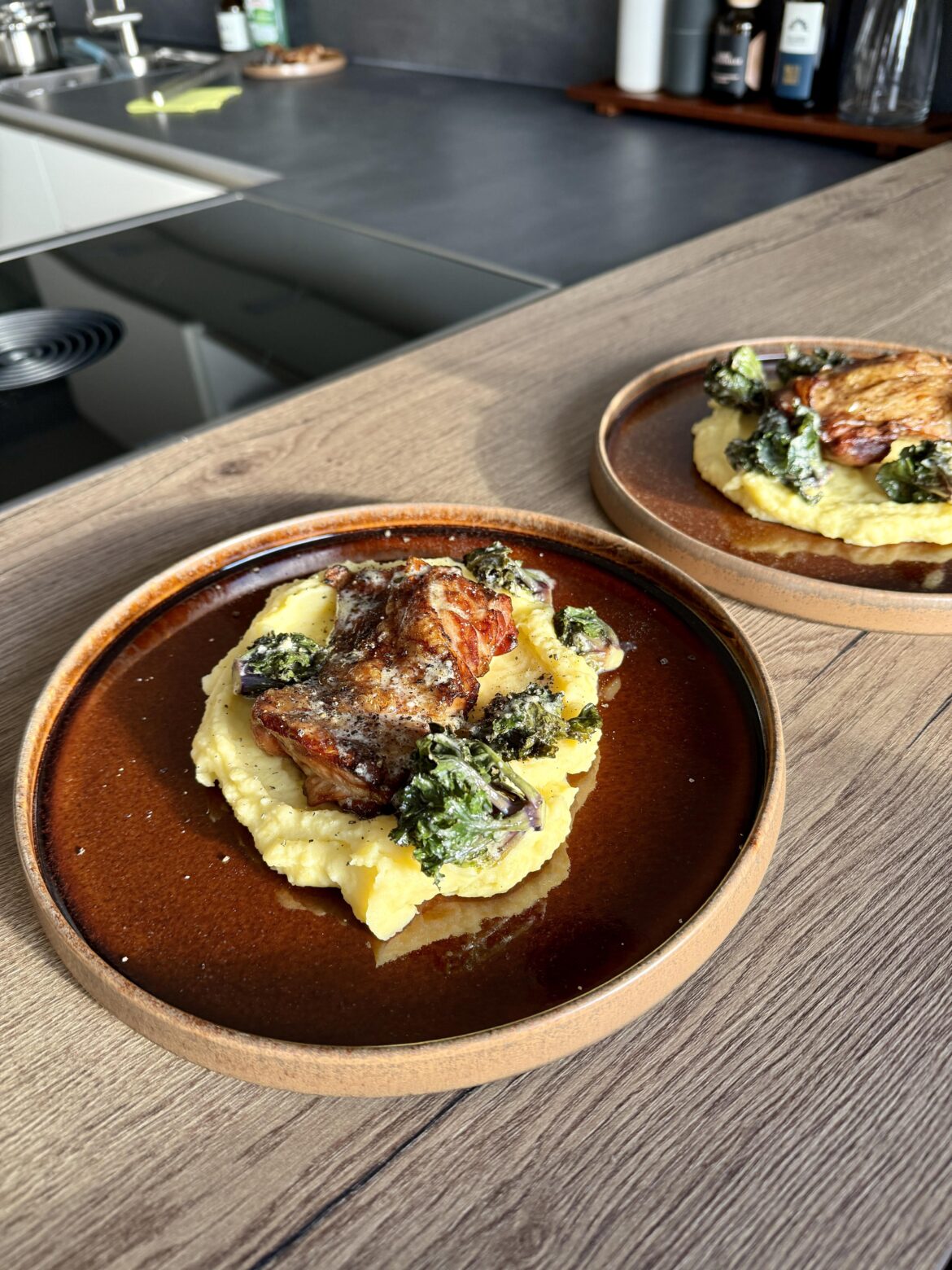 Pollo Fino on potato with flower sprouts