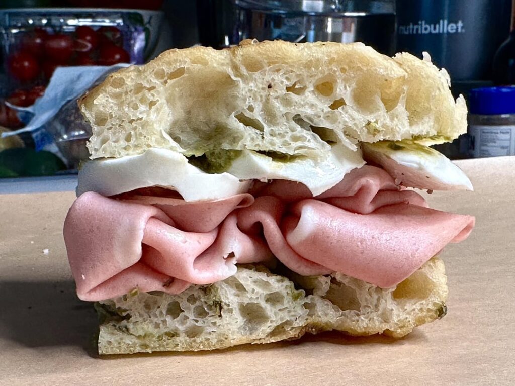 Mortadella and fresh mozzarella on homemade focaccia