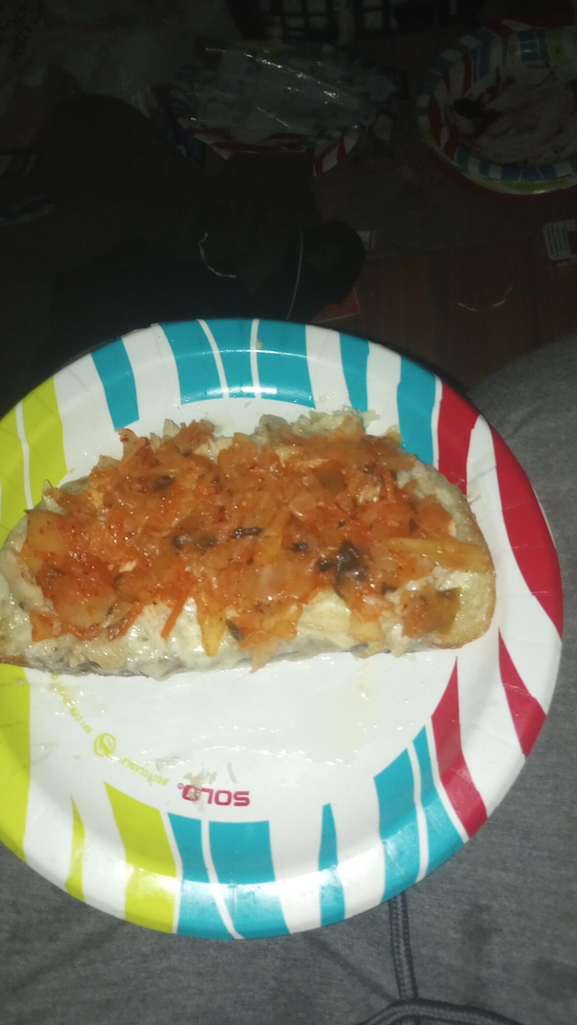 Sourdough Guy. Tooth update. Had two molars pulled yesterday, that was brutal, they couldn't get me all the way numb. Tonight's soft food is kinda weird. Sourdough, mayo, Monterey jack, bleu cheese, chicken breast and kimchi. Salt n Peppa