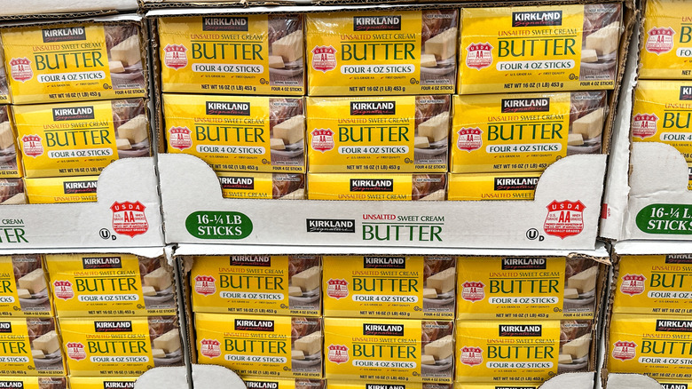 Rows of Kirkland Signature butter at a Costco